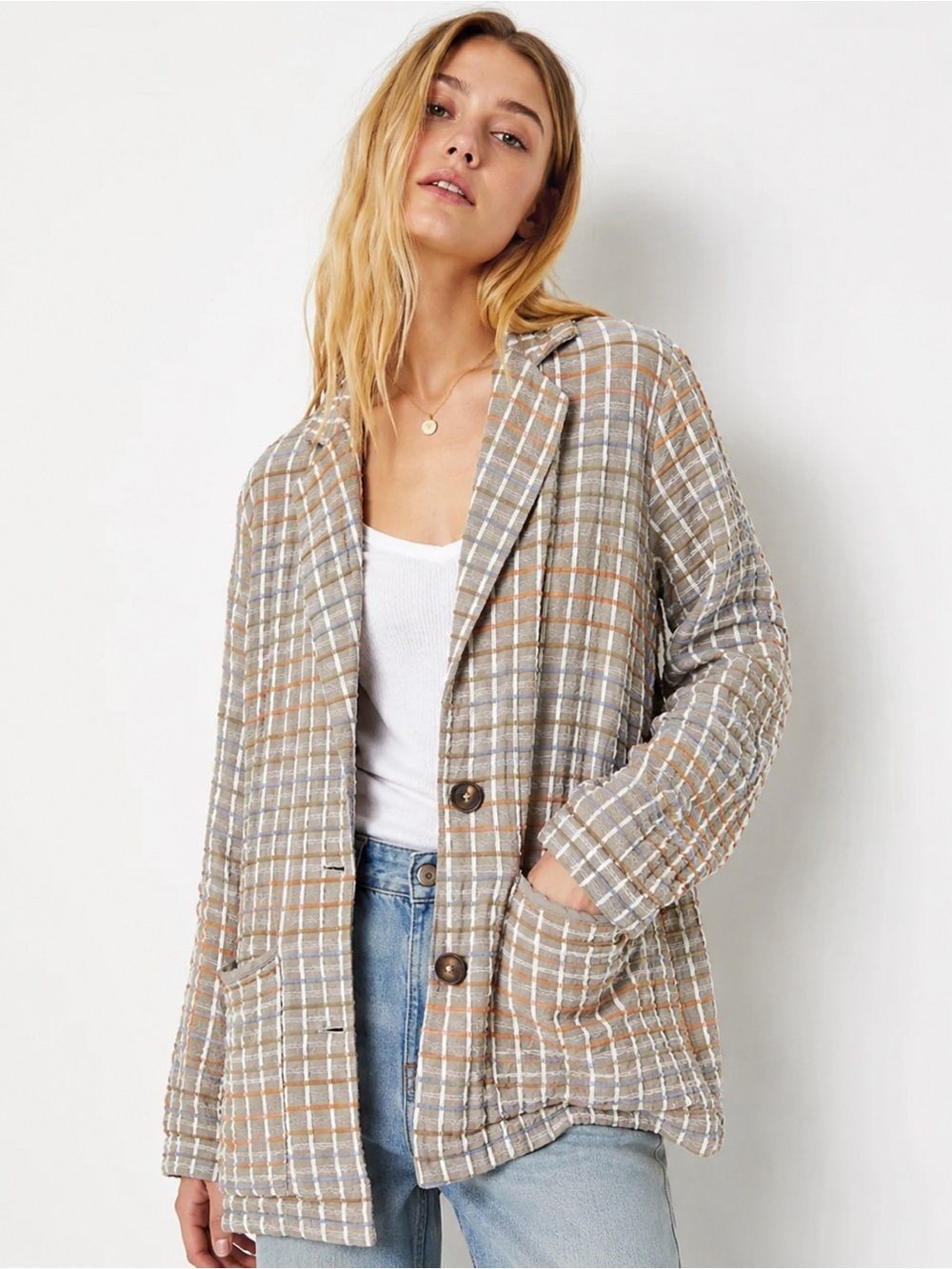 Free People Textured Plaid Cotton Blazer Jacket size XS overside fit